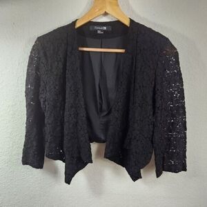 Forever 21 Floral Lace Cardigan Blazer Cropped Black Shoulder Pads Medium
